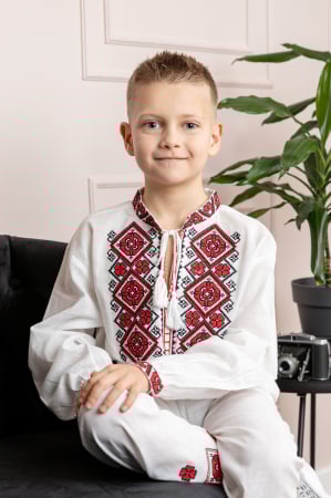 Compleu traditional alb pentru baieti cu motiv geometric rosu Radu [2]