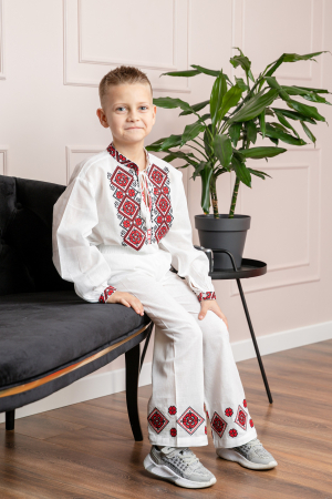 Compleu traditional alb pentru baieti cu motiv geometric rosu Radu [3]