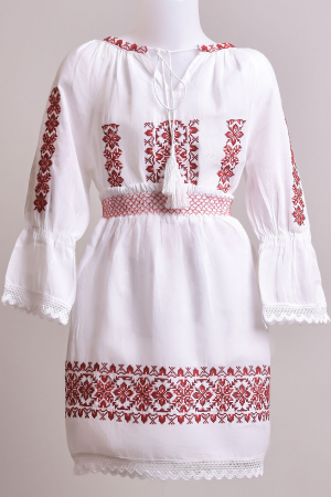 Compleu traditional alb pentru fetite cu motiv floral rosu Carina [0]