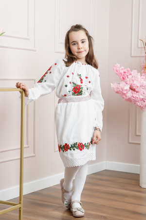 Imbracaminte Fetite - Compleu traditional alb pentru fetite cu motiv floral rosu Darina