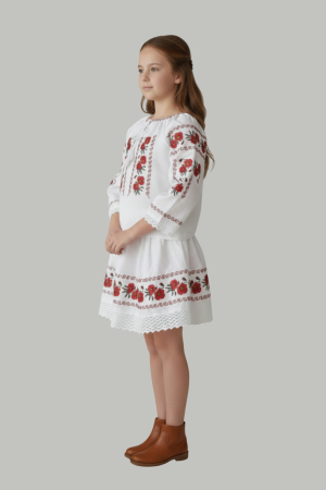Compleu traditional alb pentru fetite cu motiv floral rosu Ilona [2]