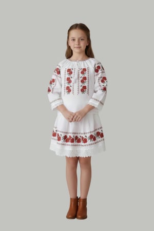 Imbracaminte copii - Compleu traditional alb pentru fetite cu motiv floral rosu Ilona