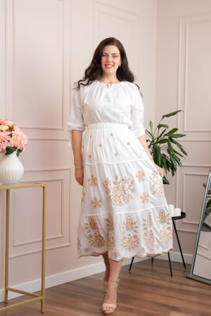 Fuste traditionale si fote - Fusta alba cu broderie florala aurie Carmen 02