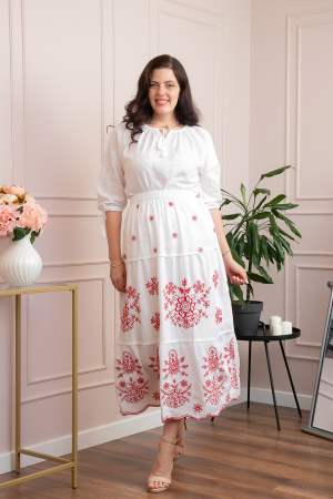 Fuste traditionale si fote - Fusta alba cu broderie florala rosie Carmen 01