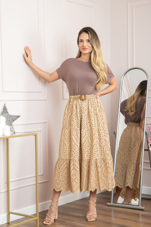 Fusta bej boho chic cu perforatii si curea in talie [3]