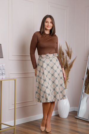 Fusta clos cu carouri crem si centura in talie [3]