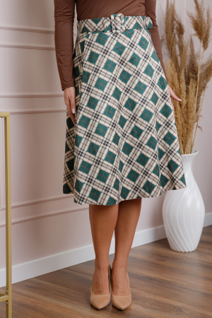Fusta clos cu carouri verzi si centura in talie [2]