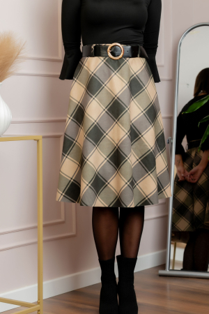 Fusta clos Stephanie in carouri cu centura in talie - Olive Serenity [1]