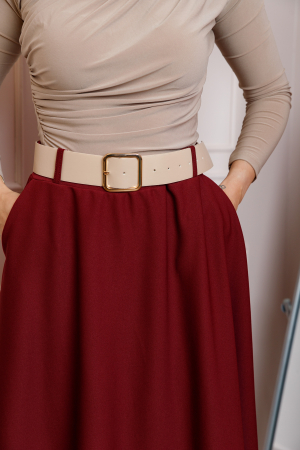 Fusta grena midi cu talie inalta, curea si buzunare laterale Isla [1]
