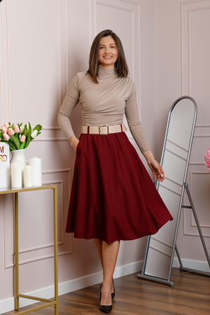 Fusta grena midi cu talie inalta, curea si buzunare laterale Isla [3]