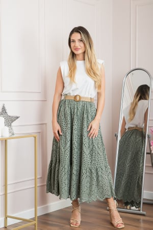 Fusta kaki boho chic cu perforatii si curea in talie [3]
