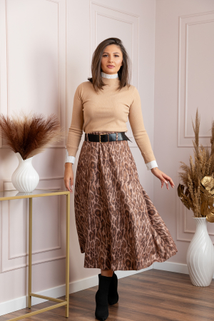 Fuste - Fusta lunga bej din piele intoarsa ecologica animal print Jane
