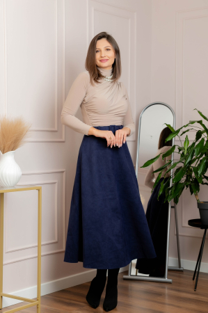 Fusta lunga clos Kristen din piele intoarsa ecologica cu centura in talie - Bleumarin [3]