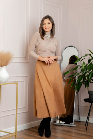 Fusta lunga clos Kristen din piele intoarsa ecologica cu centura in talie - Camel [3]