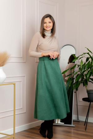 Fusta lunga clos Kristen din piele intoarsa ecologica cu centura in talie - Verde [3]