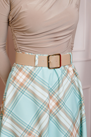 Fusta midi in carouri turcoaz deschis cu talie elastica si curea reglabila Monroe [1]
