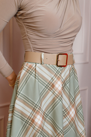 Fusta midi in carouri verde salvie cu talie elastica si curea reglabila Monroe [1]