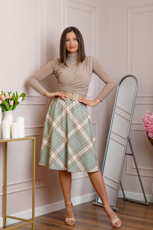 Fuste - Fusta midi in carouri verde salvie cu talie elastica si curea reglabila Monroe