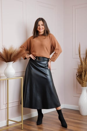 Fuste - Fusta midi neagra din piele ecologica cu curea Maxine