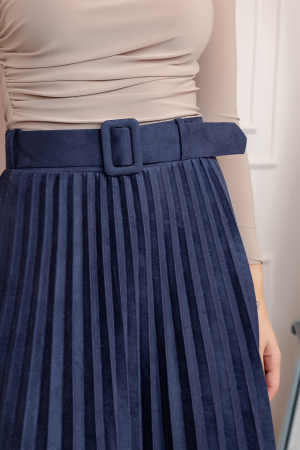 Fusta midi plisata Delilah din piele intoarsa ecologica cu centura in talie - Bleumarin [1]