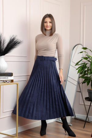 Fusta midi plisata Delilah din piele intoarsa ecologica cu centura in talie - Bleumarin [2]