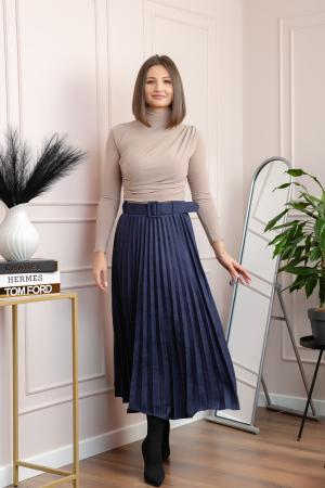 Fusta midi plisata Delilah din piele intoarsa ecologica cu centura in talie - Bleumarin [3]