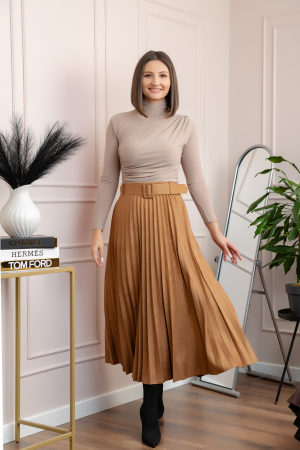 Fusta midi plisata Delilah din piele intoarsa ecologica cu centura in talie - Camel [3]