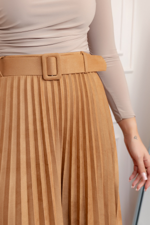 Fusta midi plisata Delilah din piele intoarsa ecologica cu centura in talie - Camel [1]