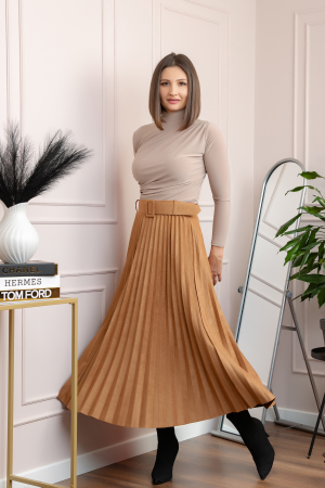 Fusta midi plisata Delilah din piele intoarsa ecologica cu centura in talie - Camel [2]