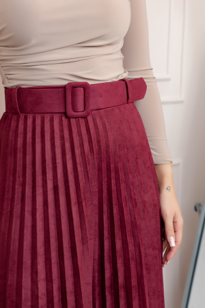 Fusta midi plisata Delilah din piele intoarsa ecologica cu centura in talie - Grena [1]