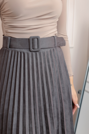 Fusta midi plisata Delilah din piele intoarsa ecologica cu centura in talie - Gri [1]