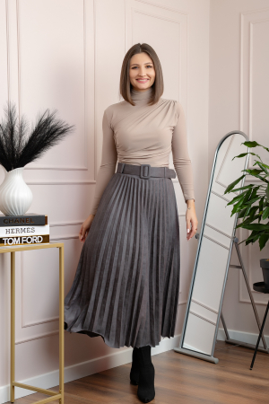 Fusta midi plisata Delilah din piele intoarsa ecologica cu centura in talie - Gri [3]