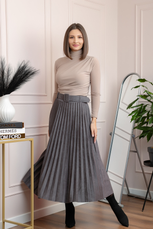 Fusta midi plisata Delilah din piele intoarsa ecologica cu centura in talie - Gri [2]