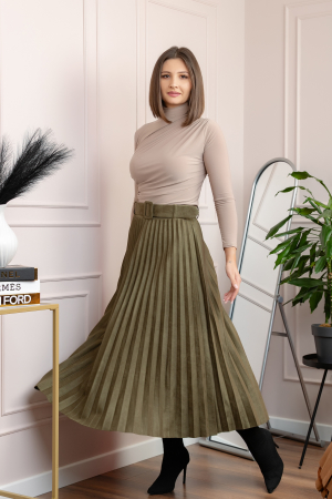 Fusta midi plisata Delilah din piele intoarsa ecologica cu centura in talie - Kaki [2]