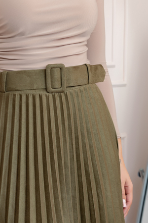 Fusta midi plisata Delilah din piele intoarsa ecologica cu centura in talie - Kaki [1]
