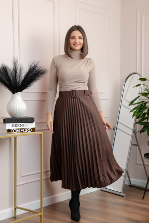 Fusta midi plisata Delilah din piele intoarsa ecologica cu centura in talie - Maro [3]