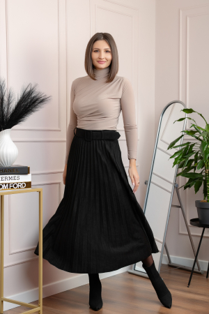 Fusta midi plisata Delilah din piele intoarsa ecologica cu centura in talie - Negru [2]