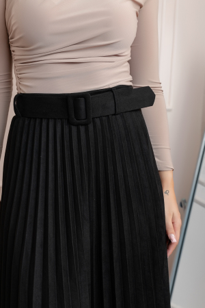 Fusta midi plisata Delilah din piele intoarsa ecologica cu centura in talie - Negru [1]