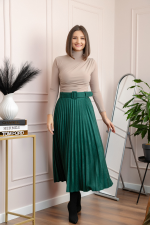 Fusta midi plisata Delilah din piele intoarsa ecologica cu centura in talie - Verde [3]