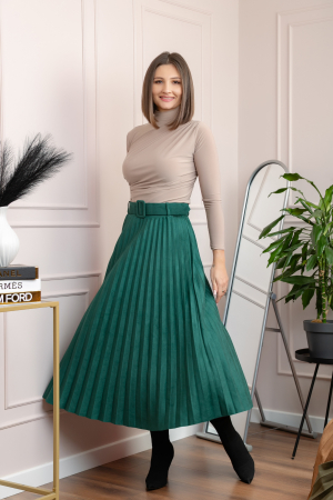 Fusta midi plisata Delilah din piele intoarsa ecologica cu centura in talie - Verde [2]