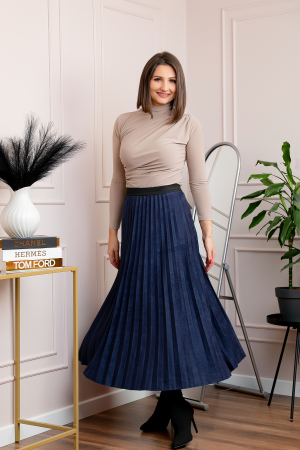 Fusta midi plisata Shannon din piele intoarsa ecologica - Bleumarin [3]