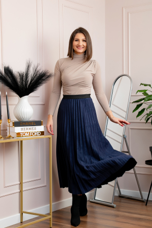 Fusta midi plisata Shannon din piele intoarsa ecologica - Bleumarin [2]