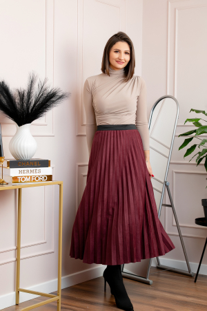 Fusta midi plisata Shannon din piele intoarsa ecologica - Grena [3]