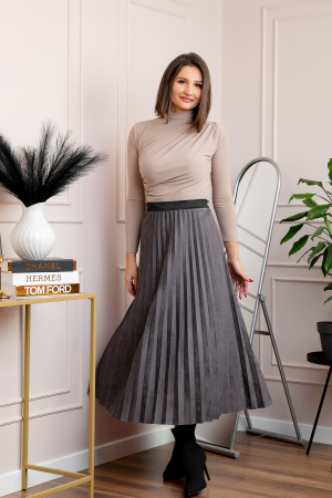 Fusta midi plisata Shannon din piele intoarsa ecologica - Gri [3]