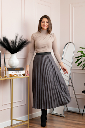 Fusta midi plisata Shannon din piele intoarsa ecologica - Gri [2]