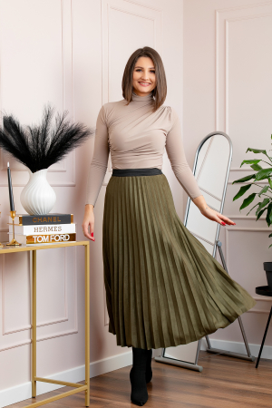 Fusta midi plisata Shannon din piele intoarsa ecologica - Kaki [2]