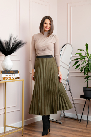 Fusta midi plisata Shannon din piele intoarsa ecologica - Kaki [3]