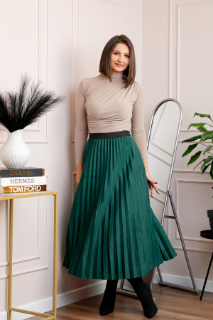 Fusta midi plisata Shannon din piele intoarsa ecologica - Verde [3]