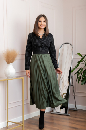 Fusta plisata eleganta Jacqueline cu elastic in talie - Kaki [3]