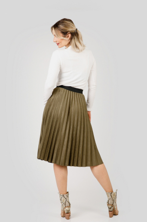 Fusta plisata kaki din piele intoarsa sintetica cu elastic in talie [2]